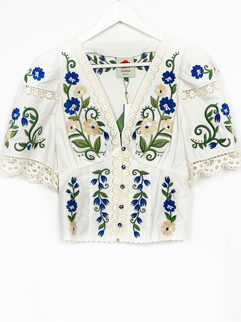 Farm Rio Countryside Lane Embroidered Short Sleeve Blouse NWT XS - Picture 6 of 9
